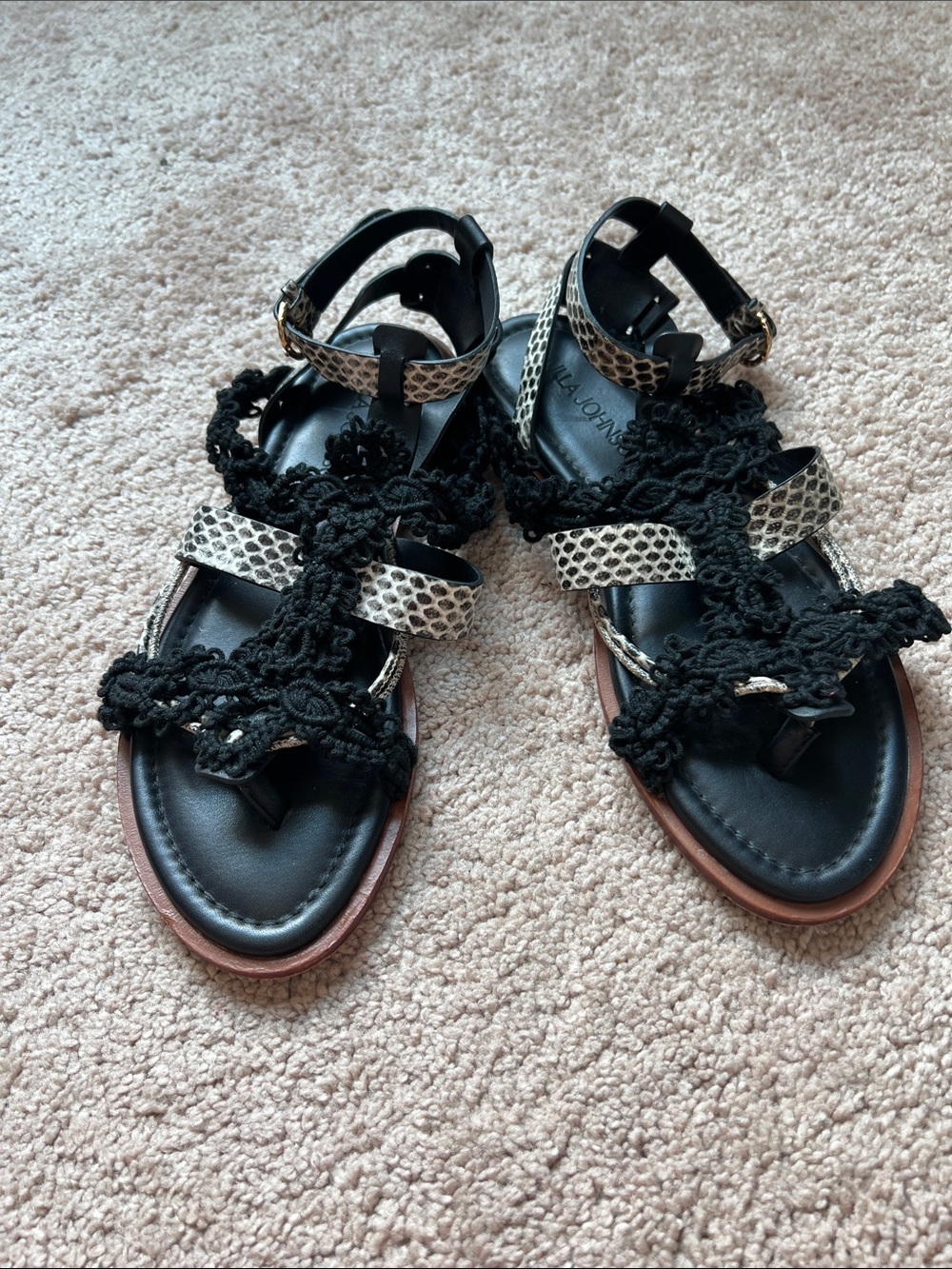 Ulla Johnson Leather Snake-skin Embossed Sandals with Crochet Accents